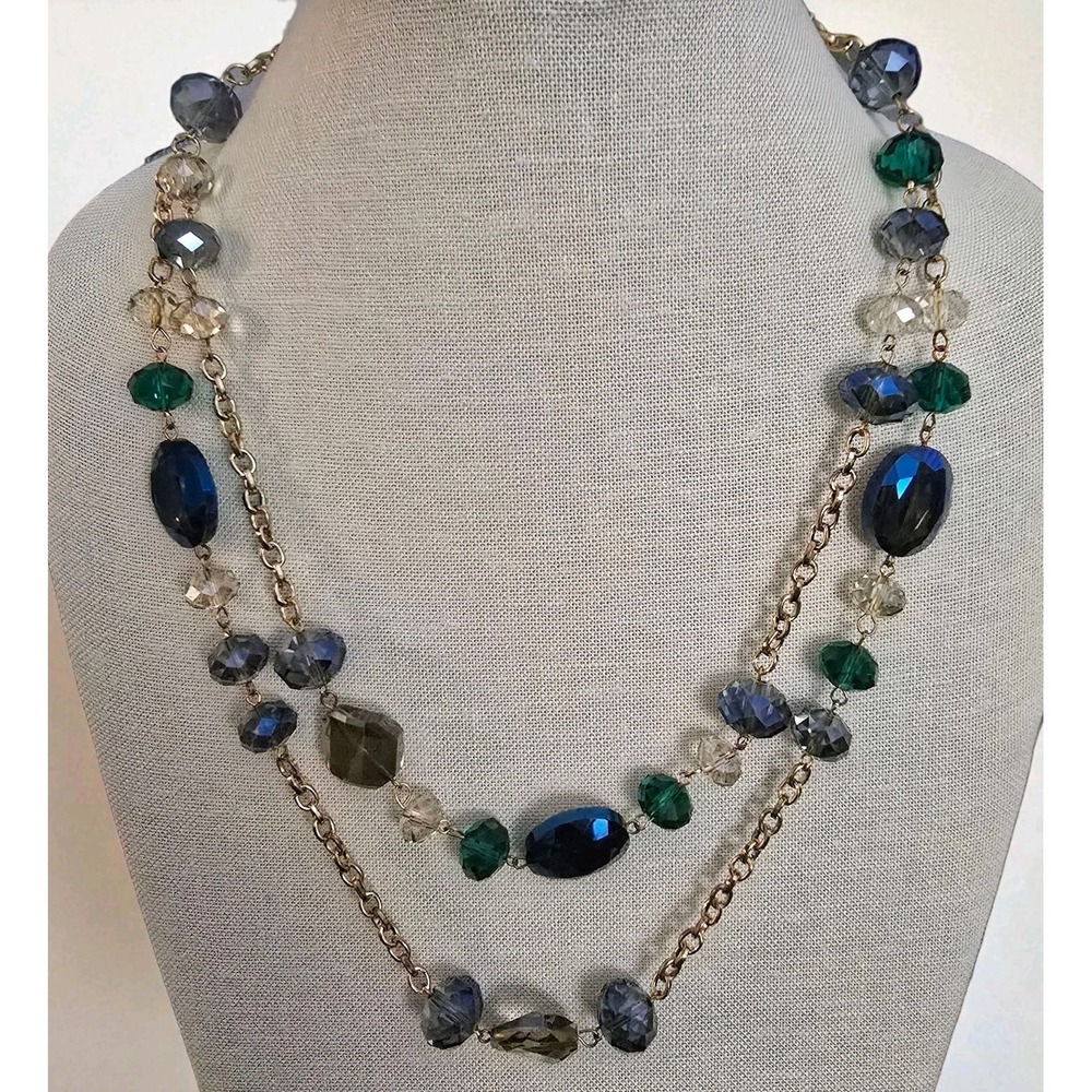 Faceted Bead Necklace Long Layered Blue Green Clear Glass Beads Gold Tone Chain